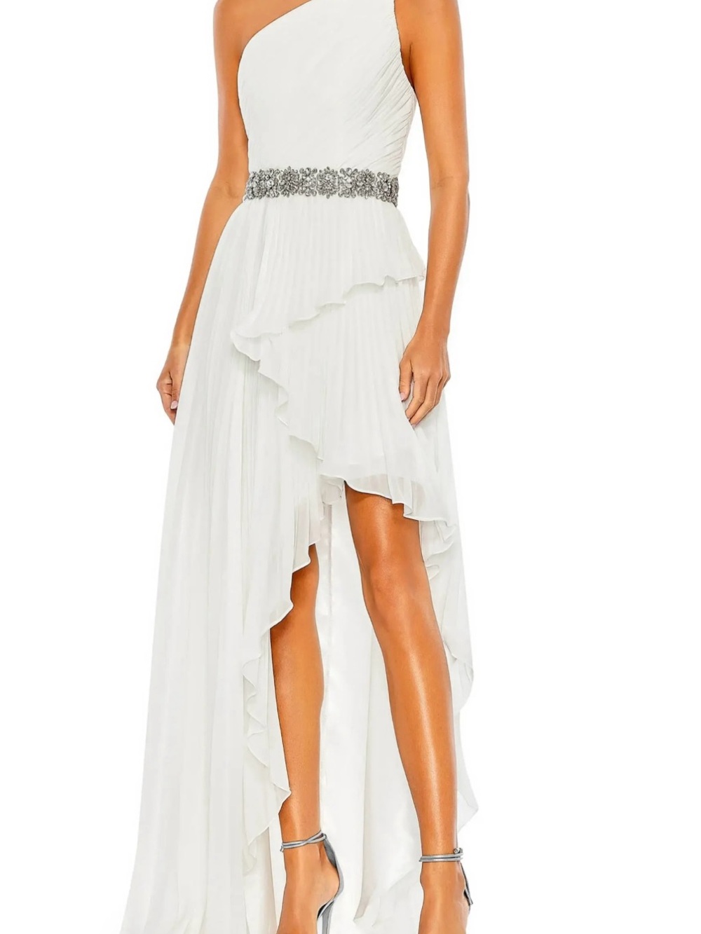 Mac Duggal Pleated One Shoulder Asymmetrical Ruffle Gown